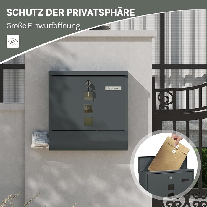 Поштовий ящик WOLTU з газетницею та оглядовим вікном, антрацит, 37x37x10.5 см. Закривається на ключ, з табличкою для імені.