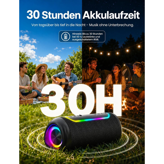 Портативна Bluetooth колонка UOHHBOE 30W, чорна: музика до 30 годин, RGB підсвічування, IPX5 водонепроникність