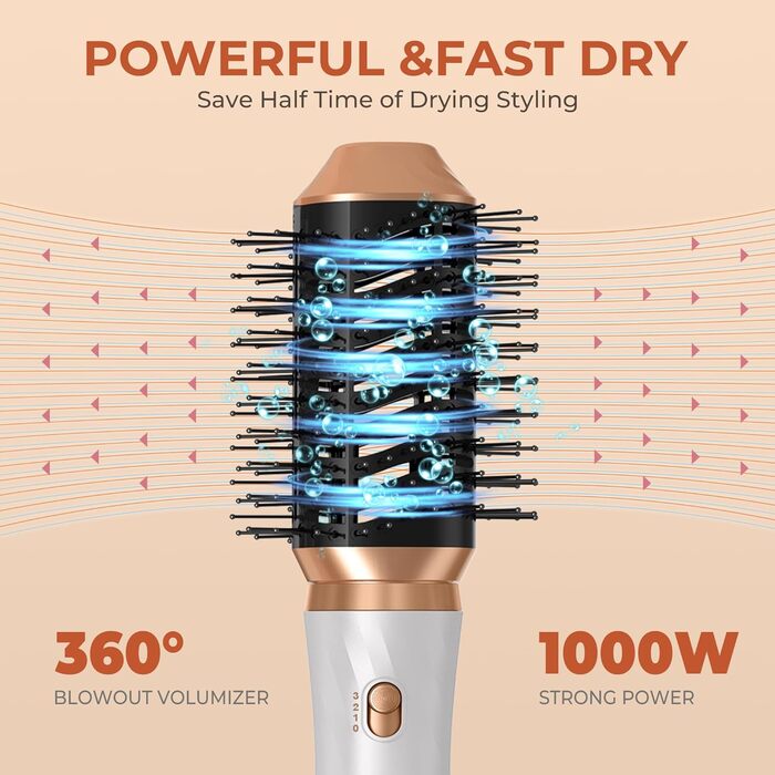 UKLISS 6-в-1 Стайлер для волосся з феном Pro, Набір для укладання волосся: плойка, випрямляч, фен, щітка для укладання, автоматична завивка, іонізація, Airbrush, подарунковий набір для жінок, блакитний (золотий)