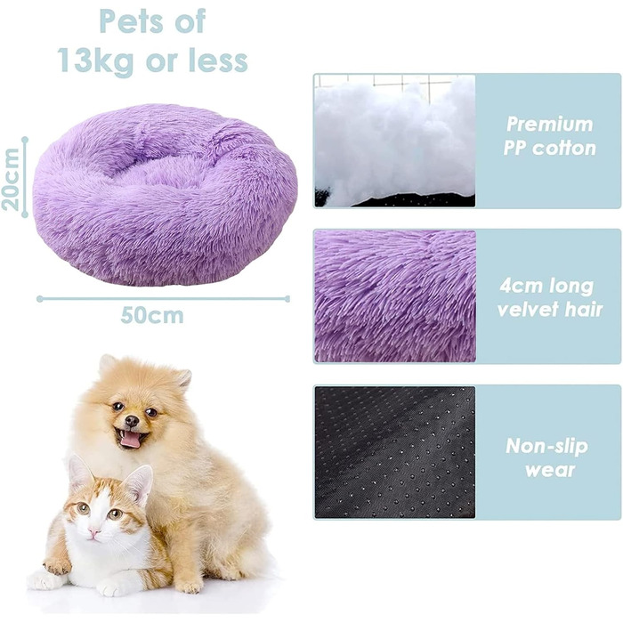 М'яке ліжко для котів та собак 50x50 см, кругла, плюшеве, з подушкою, для маленьких тварин, кольору імбирь (фіолетовий)