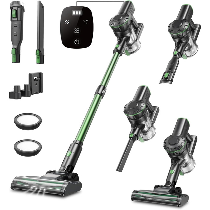 Бездротовий пилосос Vexilar Akku: 60 хвилин роботи, 45 kPa, 550 W, безщітковий мотор, LED дисплей, 6-в-1, тихий, для дому/авто, тверді підлоги, килими, шерсть тварин, зелений