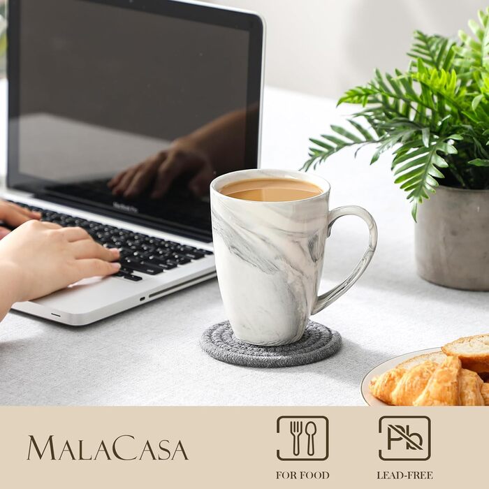 MALACASA Coffee Mug Set of 6, 560ML Porcelain Cups, Large Modern Coffee Mugs with Handles for Tea, Juice, Latte, Cappuccino, Hot Chocolate. Dishwasher and Microwave Safe, REG Marble Gray Series