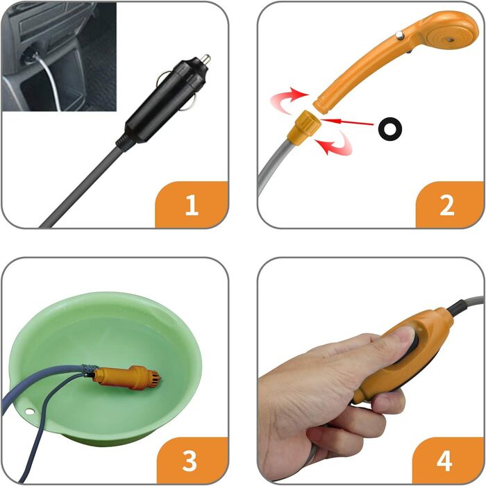 12V Portable Outdoor Shower Cigarette Lighter Socket Powered Shower Pump Water Pump for Car, RV, Camper, Camping, Hiking