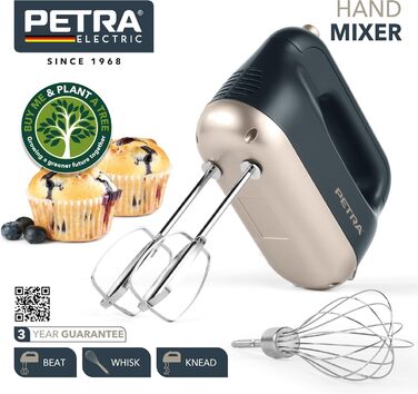 Ручний міксер Petra 300W з 5 швидкостями, турбо-функцією, гачками для тіста та вінчиками, сріблястого кольору