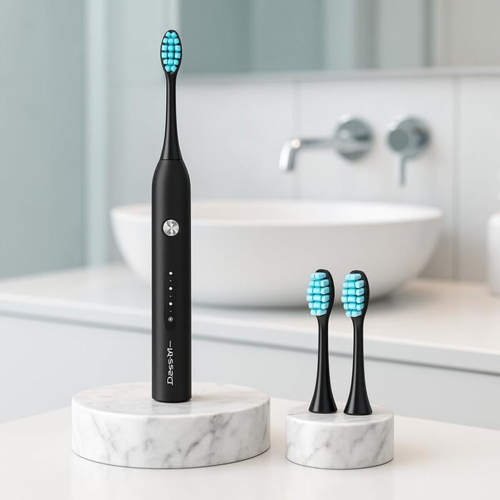 Електрична зубна щітка з 5 режимами та акумулятором на 120 днів - ультразвукова, з розумною насадкою, Black Edition + 2 запасні насадки