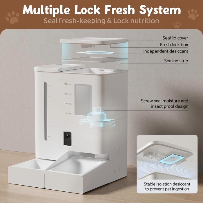 Автомат для годування котів з камерою, 5G/WiFi, 2K HD відео та нічне бачення, диспенсер для великої кількості їжі та зерна, керування через додаток, контейнер для зберігання корму (для собак та котів)