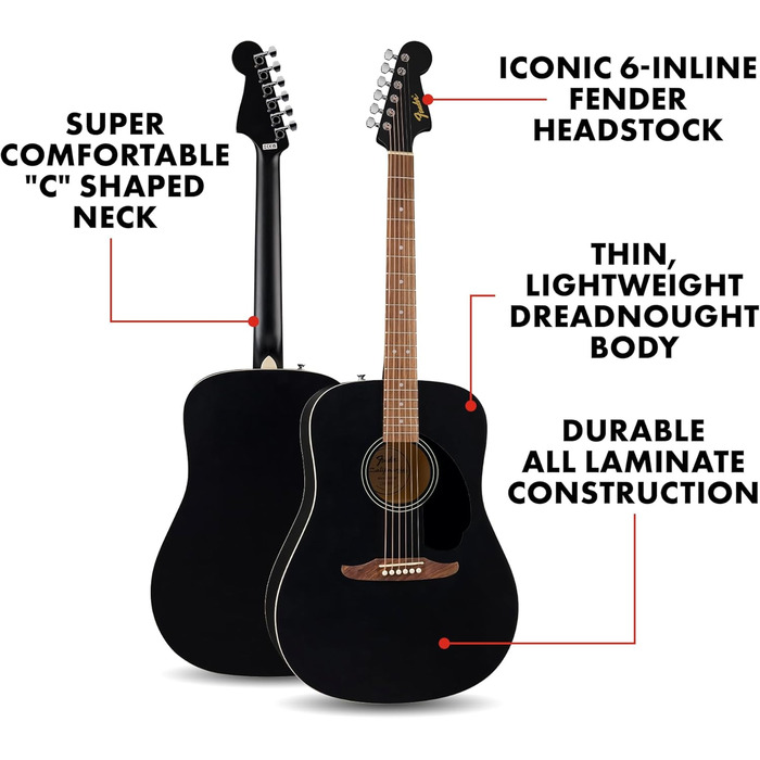 Акустична гітара Fender FA-25 Dreadnought з палісандровим гриф, чорний колір, серія California Debut Redondo