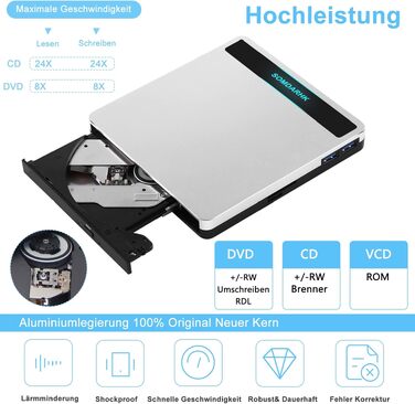 Зовнішній CD/DVD привід для ноутбука, тонкий Slim-записувач з алюмінієвим корпусом та чохлом (Сріблястий)