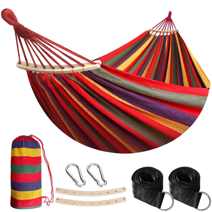 Гамак садовий ANYOO з дерев'яною перекладиною, червоний - зручний гамак для тераси, саду, пляжу