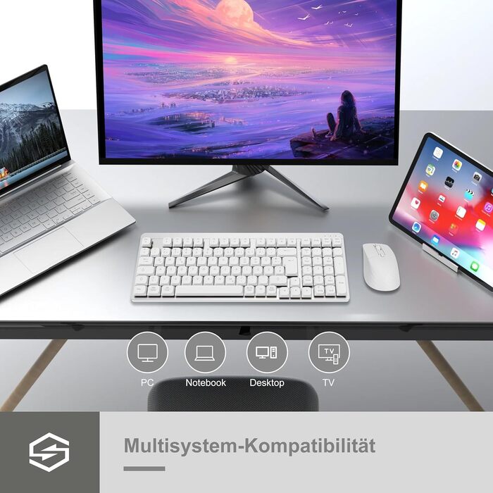 Механічна клавіатура та миша Leadsail FA98 бездротове комплект QWERTZ, 98 клавіш, низькопрофільний червоний перемикач, 1600 DPI, для Windows/MacOS/PC/Laptop (срільно-білий)