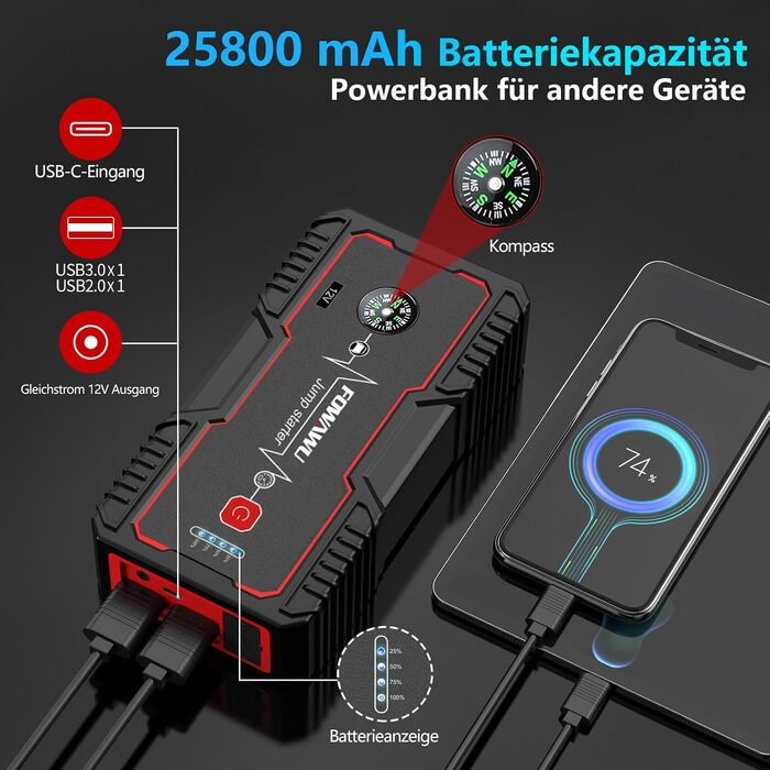 Бустерний пускач автомобіля FOWAWU 2500A 22800mAh для бензинових двигунів до 8л та дизельних до 6.5л, портативний Jump Starter