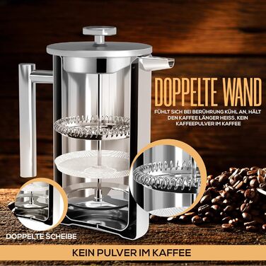 KICHLY French Press Coffee Maker 34 Oz - 1000 ml (4 Coffee Cups / 8 Coffee Mugs) - Coffee Machine with Triple Stainless Steel Filter & Insulated Walls - Silver