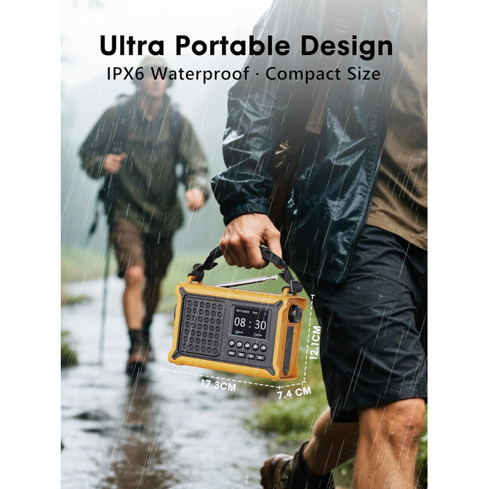 ROCAM Радіоприймач на ручку DAB+/UKW, портативне аварійне радіо з сонячною панеллю 8500 мм² та ручкою 650mA, цифрове радіо з Bluetooth, 2.4' кольоровий дисплей, 80 станцій, SOS, LED ліхтарик, USB, IPX6 для кемпінгу (Жовтий)