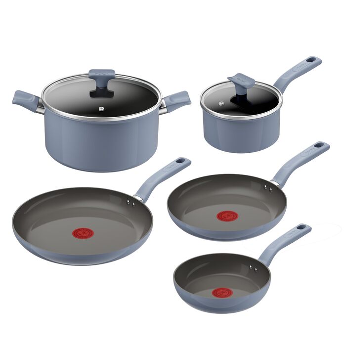 Набір посуду Tefal CERA BRIGHT ON 7 предметів: сковорідки 20/24/28 см, каструля 16 см, каструля 24 см + кришки. Керамічне антипригарне покриття, алюмінієвий корпус, індикатор нагріву Thermo-Signal, для всіх типів плит, бежевий (блакитний)