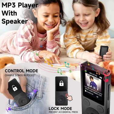 MP3 плеєр 32GB з Bluetooth 5.3 та динаміком, FM-радіо, диктофон, HiFi звук, фізичні кнопки керування, чорний