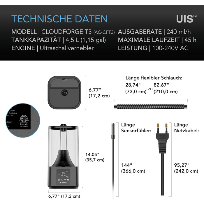 AC Infinity CLOUDFORGE T3 – Увлажнитель воздуха для растений 4.5 л с контролем VPD, 10-ступенчатый распылитель, удлиняемый шланг, защита от протечек, для гроубоксов