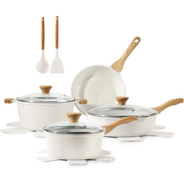 Набір посуду SENSARTE з антипригарним покриттям Ceramic, 13 предметів: каструлі та сковороди. Безпечний набір посуду з нержавіючої сталі з Cool-Touch ручками, силіконовими інструментами та захистом для дна. Без PFOA/PTFE/PFAS. Білий.