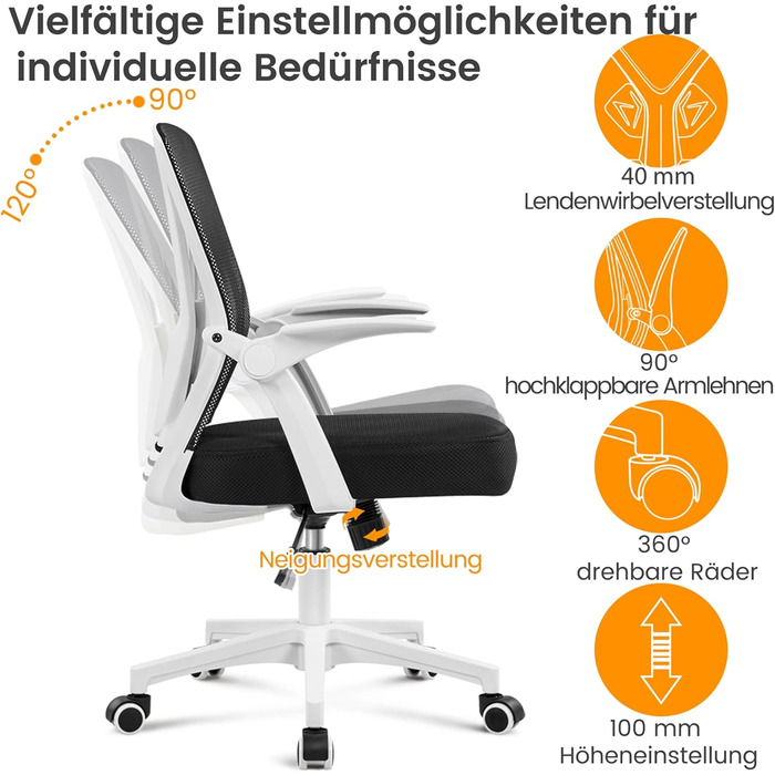 Офісне крісло Yaheetech з підйомними підлокітниками, сітчасте, ергономічне, з підтримкою попереку, функцією гойдання та регулюванням висоти (біле)