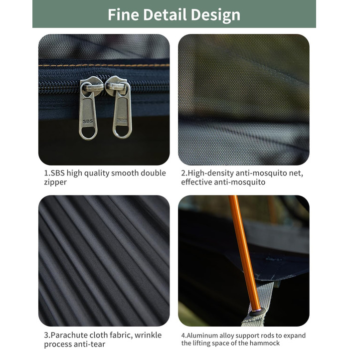 Гамак-намет для кемпінгу з москітною сіткою та сонцезахистом, 290x140 см, великий простір, багатофункціональний, легкий, з ременями для кріплення до дерева, підлоговий намет для відпочинку на природі, пішохідний туризм, зелений