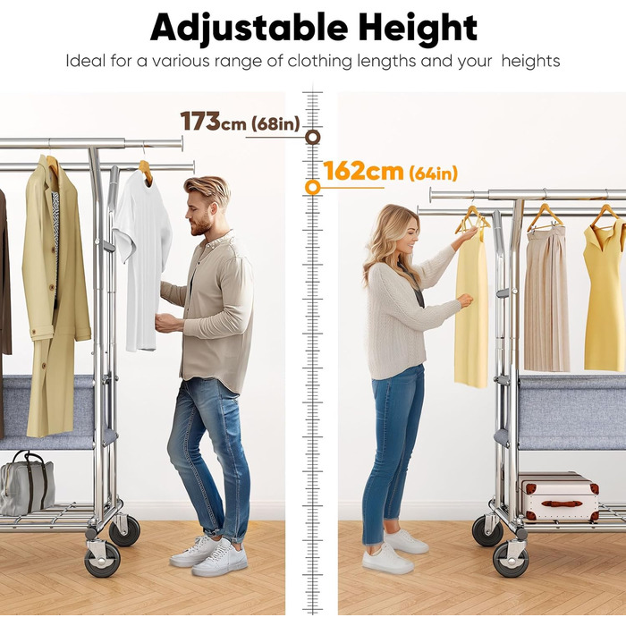 Вішалка для одягу HOKEEPER на коліщатках, вантажопідйомність 204 кг, висувна штанга для одягу