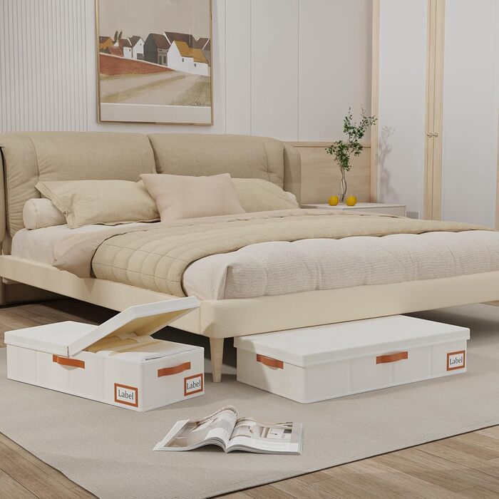 Yawinhe 2 Pack Under Bed Storage Drawers, Clothes Storage with Lid, Foldable Storage Bag with Handles, for Bedding, Blankets, Clothes, 60x30x15cm, Beige