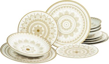CreaTable MANDALA GOLD: 16-частинний набір посуду з каменю, чорний/золотий, для дому та ресторану