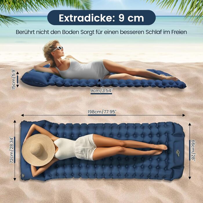 Надувний килимок для кемпінгу Tuocal Isomatte, 9 см, з вбудованим насосом, антиковзаюча поверхня, для відпочинку на природі, подорожей та наметів (блакитний)