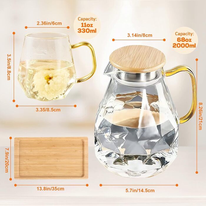 DUJUST Glass Giraffe with Lid, 2 Liters, with 4 Cups, 1 Tray, Water Pitcher in a Modern Diamond Design, Decoration for the Living Room, Heat-Resistant Glass Pitcher for Iced Tea/Milk/Coffee