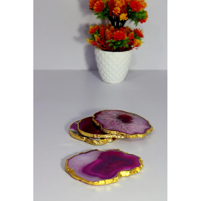 Natural agate coaster set, for bar, beer, coffee, tea, 4 pieces, perfect table accessory, tableware (Purple Agate)