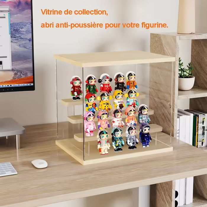 Joody Vitrine made of acrylic, Plexiglas boxes with 2 tiers, display case with door for Pop figures, minifigures, collectible toys, storage organizer for display case, dustproof with 2 shelves (Extended) – Original wood color (4 tiers – Walnut wood)