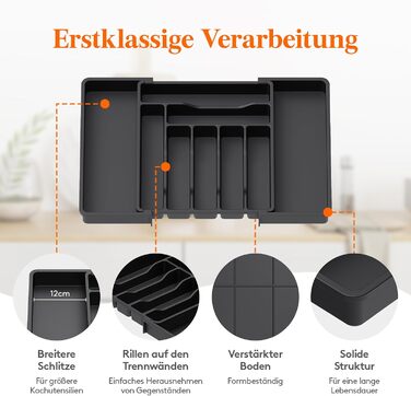 Lifewit Small Cutlery Organizers for Drawers, Expandable Cutlery Insert for Kitchen Drawers, Adjustable Cutlery Box Plastic Cutlery Spoon Fork Knife Holder, 2-Pack, Black