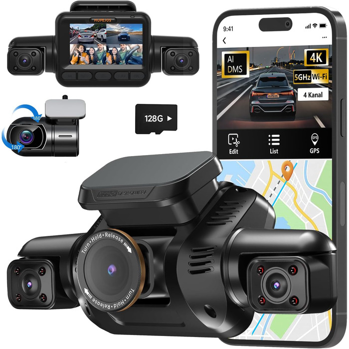 Відеореєстратор автомобільний HUPEJOS KI Dashcam V8Pro 4-камерний з монітором водія, 3K+ 3*1080P, 360°, WiFi, GPS, CPL, 128GB, 24H парковка