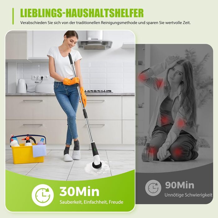 Електрична щітка для прибирання YKYI з 8 насадок, водонепроникна IPX7, для ванної, підлоги, кухні (біла)