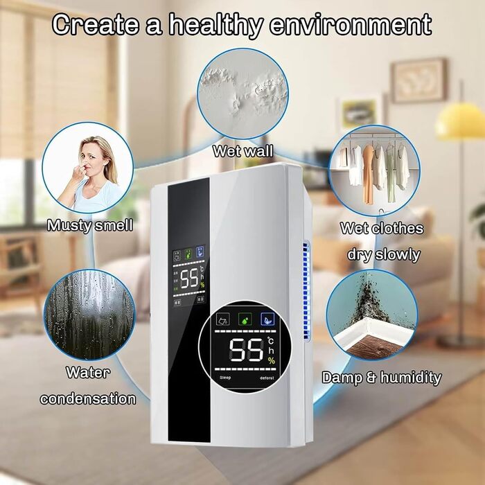 Електричний осушувач повітря 2200 мл - тихий, для дому та спальні, 30 м²/24 год, таймер, LED, автовимкнення