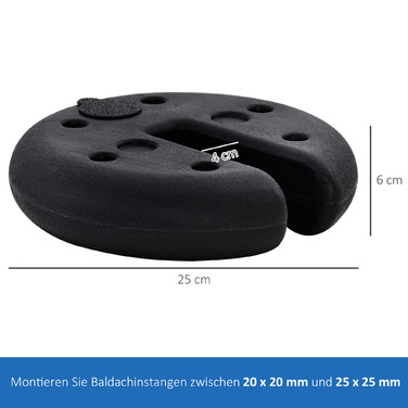 Набір для фіксації намету HOMCOM – важкий диск з HDPE-пластику, чорного кольору, діаметром 25 см та вагою до 5 кг. Ідеально підходить для стабільної фіксації намету на будь-якій поверхні.