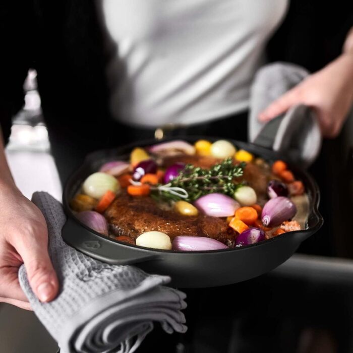 Чавунна гриль-сковорода Springlane 26 см Емальована - для стейків, підходить для всіх плит (індукція), сіра