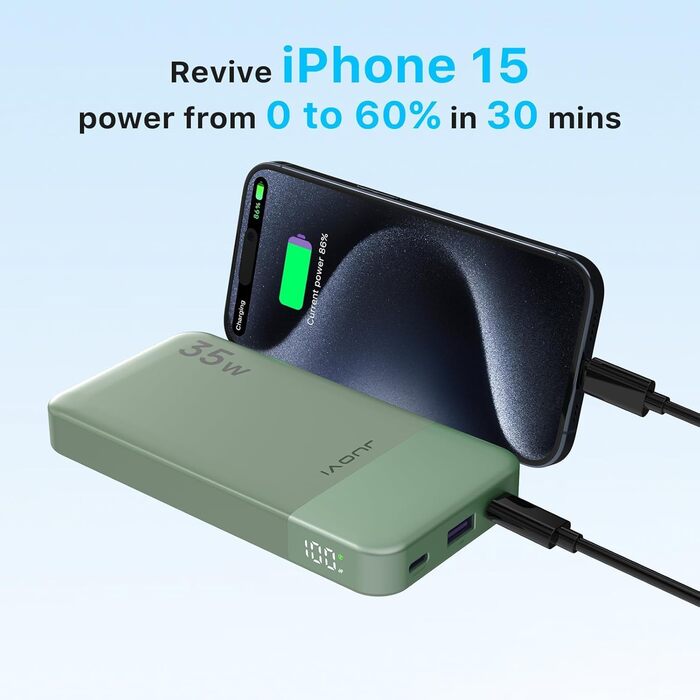 Power Bank JUOVI 35W 10000mAh з LED дисплеєм: швидка зарядка PD3.0/QC4.0 для iPhone 16/15/14, Samsung, Switch та інших пристроїв (зелений)