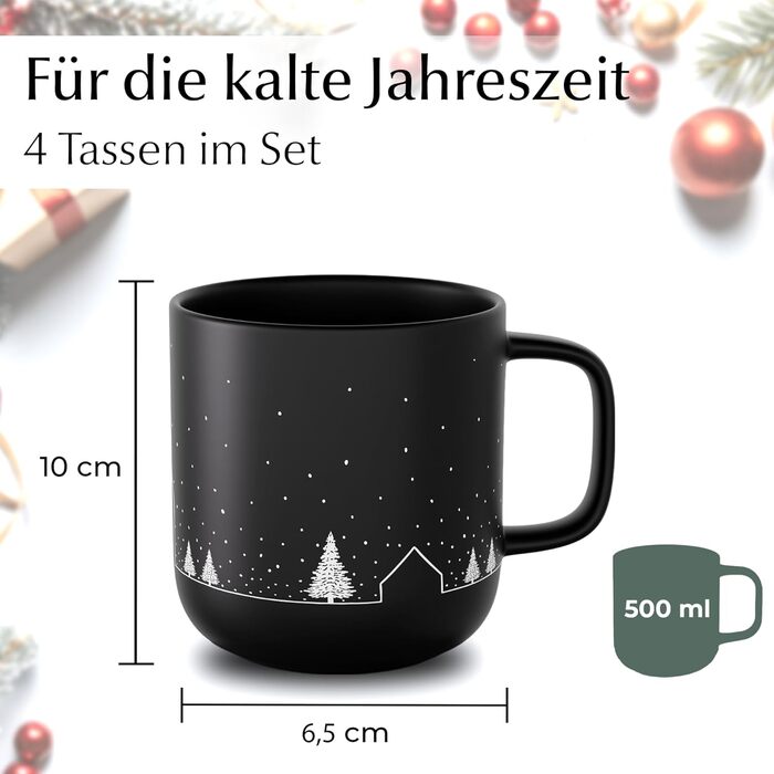 Набір з 4 чашок MIAMIO для святкування Різдва, 500 мл, чорний колір / Кавові чашки на Різдво, мінімалістичний зимовий мотив, подарунок на Різдво, безпечні для миття в посудомийній машині та використання в мікрохвильовій печі – Vinter Collection