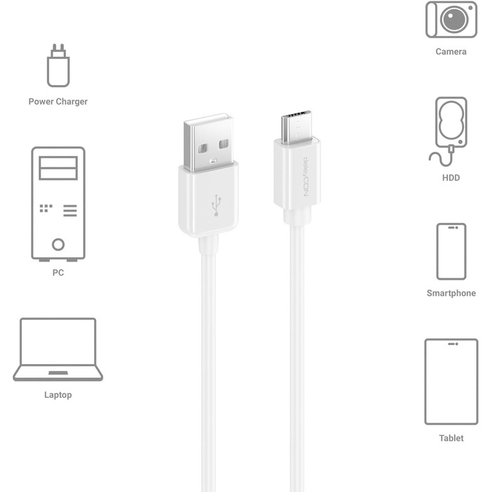 Кабель Micro USB deleyCON 0.15м для Android, смартфонів, планшетів, MP3 плеєрів, камер - білий (5м)