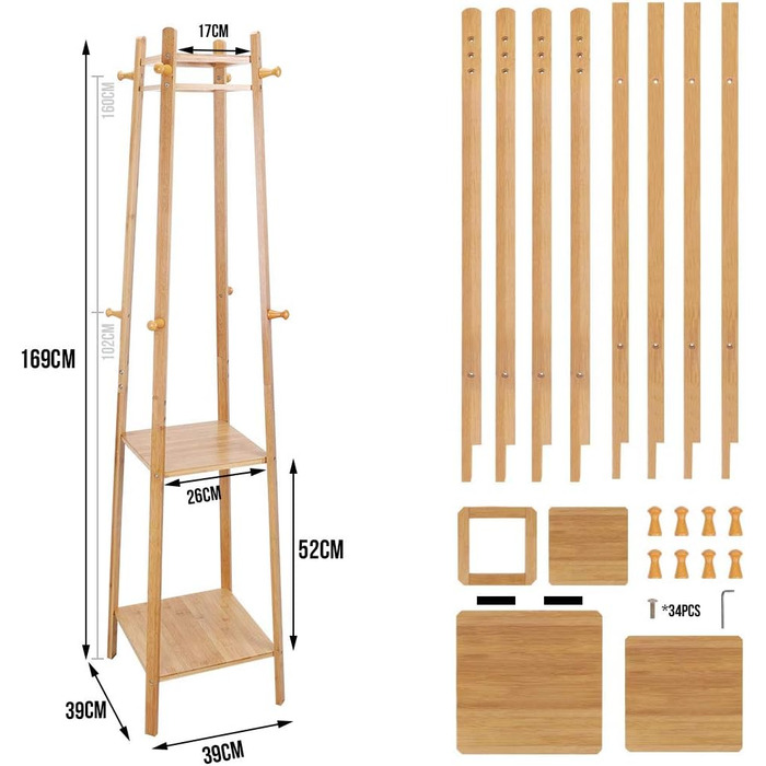 Bamboo Clothes Rack Coat Stand with 8 Hooks and 3 Shelves for Shoes, Hats, and Scarves, for Hallway, Living Room, and Guest Room