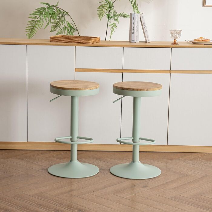 YOUNIKE Adjustable Bar Stools Set of 2 - Wooden Swivel Bar Height Stools with Footrest for Kitchen & Bar - Vintage Green