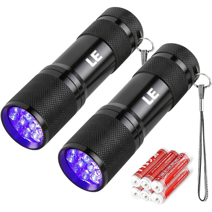 LED ультрафіолетова ліхтар з 9 світлодіодів, міні UV лампа з довжиною хвилі 395nm для геокешингу, детектування сечі домашніх тварин, тощо. В комплекті 6 батарейок AAA (2 шт.)