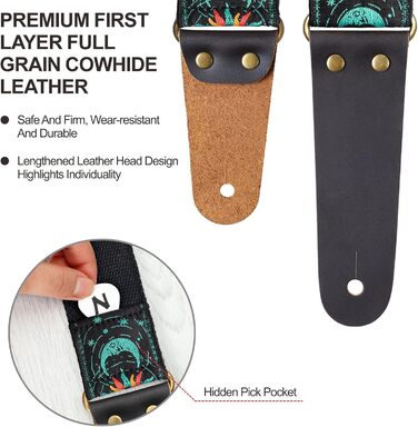 Гітарний ремінь Nefelibata, вишитий бавовняний ремінь з шкіряними кінцями, для бас-гітари, електро- та акустичної гітари, безкоштовний фіксатор, 1 пара замків, 4 шт. (Зелене сонце та місяць)