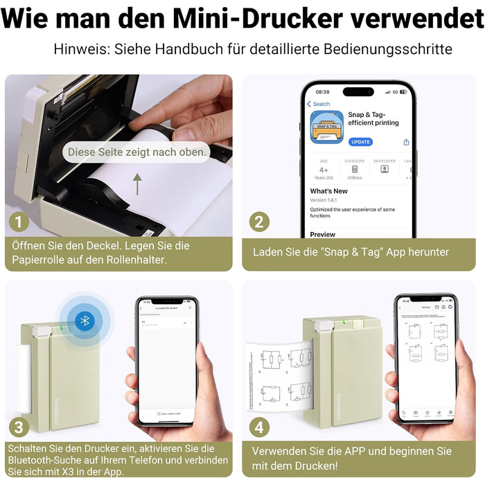 Mini принтер X3 для смартфона: друк наклейок, етикетки, фото. Bluetooth, 300DPI, термодрук, портативний. Зелений