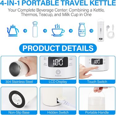 Електричний дорожній чайник Mkitnvy 500 мл, портативний, нержавіюча сталь 304, автоматичне вимкнення, швидкий нагрів, міні-чайник для дитячого харчування, чаю, кави