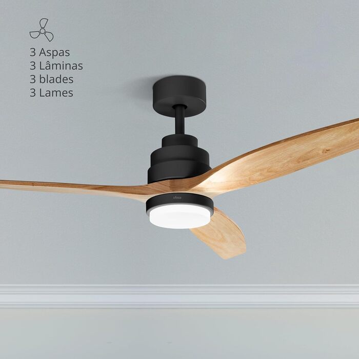 Стеляний вентилятор Ufesa, 40W, 6 швидкостей, надзвичайно тихий, 3 дерев'яних лопаті 132см, літньо-зимовий режим, таймер 8год, пульт керування, з підсвічуванням, чорний - світле дерево