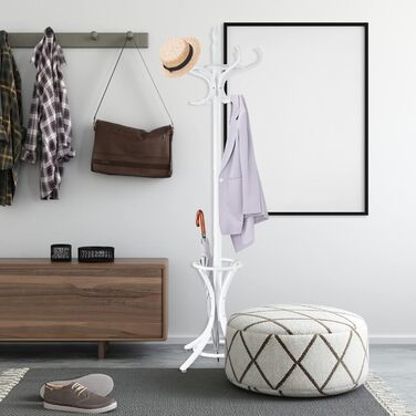 GIANTEX Coat Rack with Umbrella Stand, Clothes Rack Wood with 12 Clothes Hooks, Wooden Coat Tree Freestanding, Standing Coat Rack for Entryway Living Room (white)