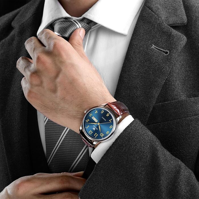 Чоловічий годинник OLEVS з нержавіючої сталі, кварцовий, аналоговий, класичний, бізнес-стиль, водонепроникний, з підсвічуванням, з датою, на шкіряному ремінці (A2 - синій циферблат/коричневий ремінь)