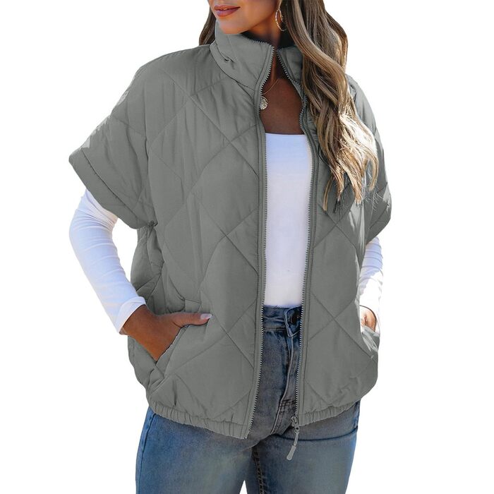 Жіноча пухова жилетка Eger з рукавами-вставками, блискавкою, стьобана куртка, стійкий комір, верхній одяг для осені/зими з кишенями (XXL, сірий)