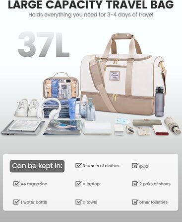 Сумка-мішок LOVEVOOK для подорожей, 37L, жіноча, для ручної поклажі, weekender, з органайзером для косметики, відділенням для взуття та вологонепроникним кишеням, водонепроникна спортивна сумка, пляжна сумка, для відпочинку, авіаперельотів, кемпінгу, M, K